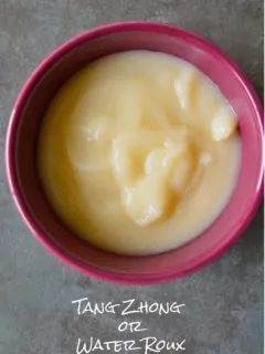 A bowl with thick creamy looking mix in it. Caption under it reads tangshong or water roux.