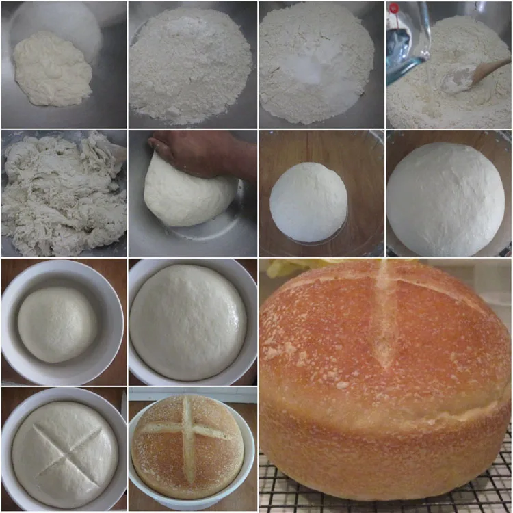 Collage of steps to make sourdough bread. 