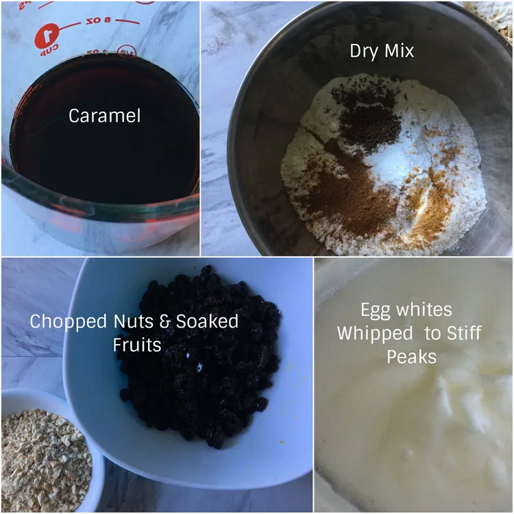A collage of ingredients used in making fruit cake