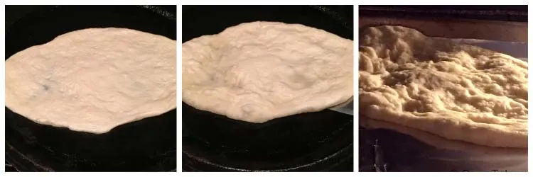 A series of 3 images showing Naan in various stages of cooking. 