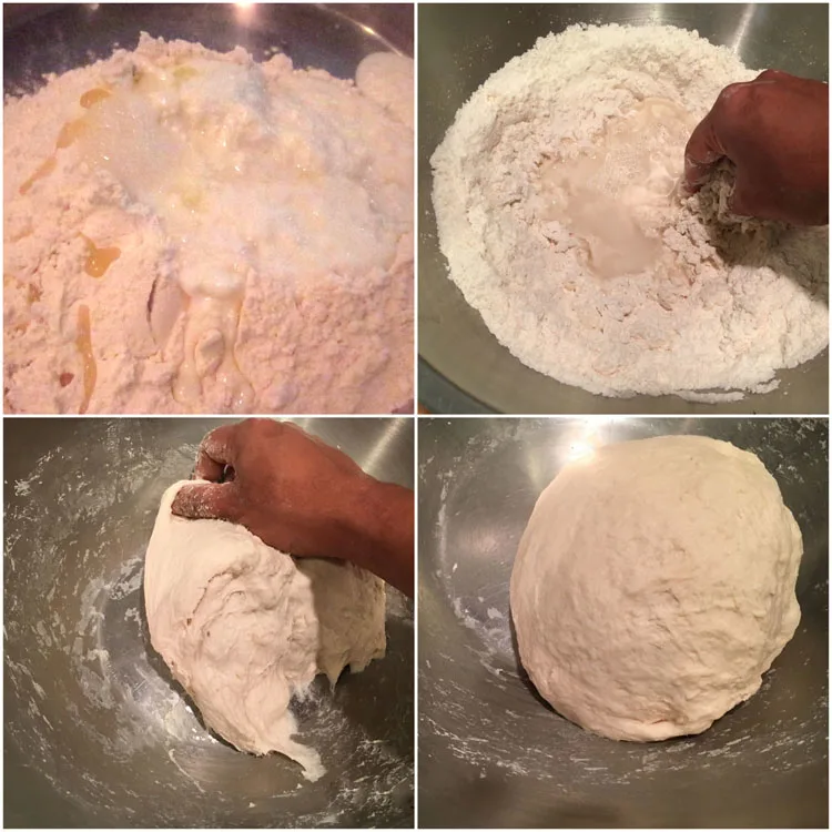 Collage of pictures showing steps in making  teh Sourdough Naan Dough