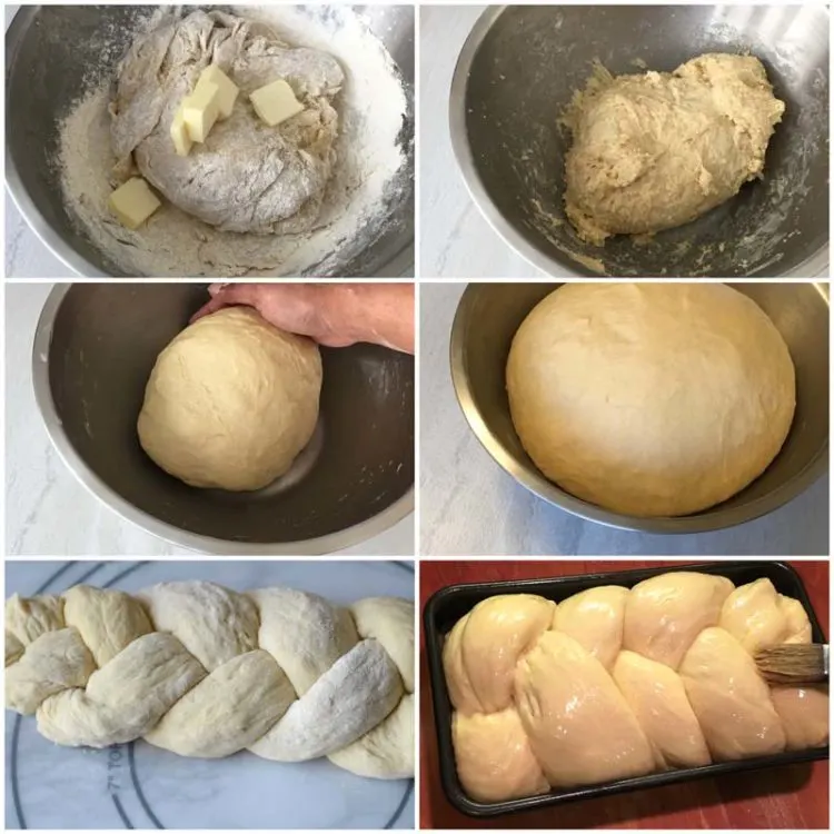 Collage of images of making and braiding the dough.