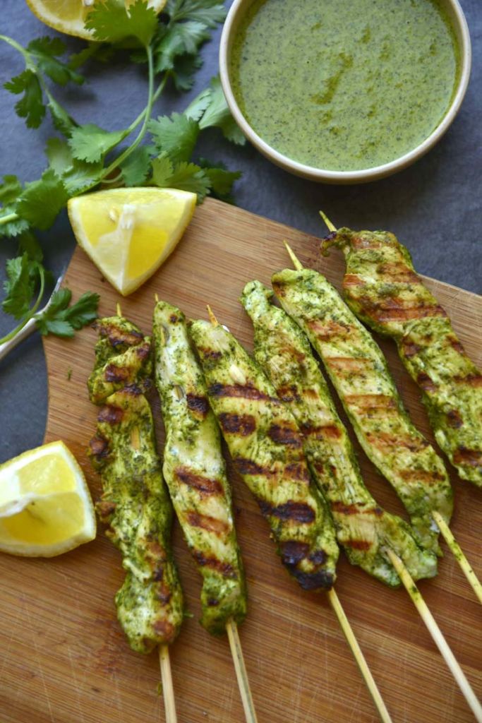 tender chicken skewers marinated in cilatro and lime marinade and grilled