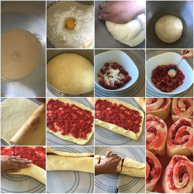 A collage of steps to making Raspberry Sweet Rolls