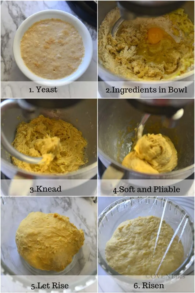 Collage of process of creating the bread dough.