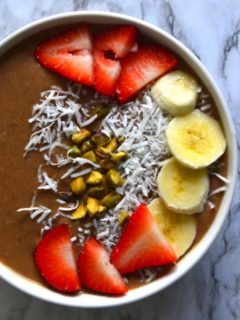 Fruit And Chocolate Smoothie Bowl With Barleans Silk Greens