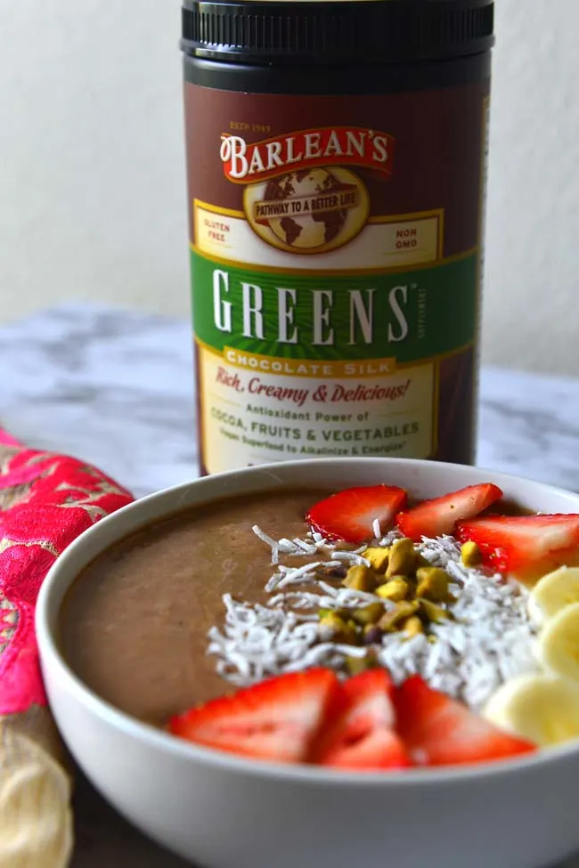 Fruit And Chocolate Smoothie With Barleans Silk Greens