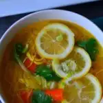 A bowl of soup with caption " Spicy Chicken Noodle Soup, Chicken- thukpa" . Image for pinning