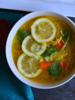 Spicy chicken Noodle Soup in a bowlby Tibetan Thupka