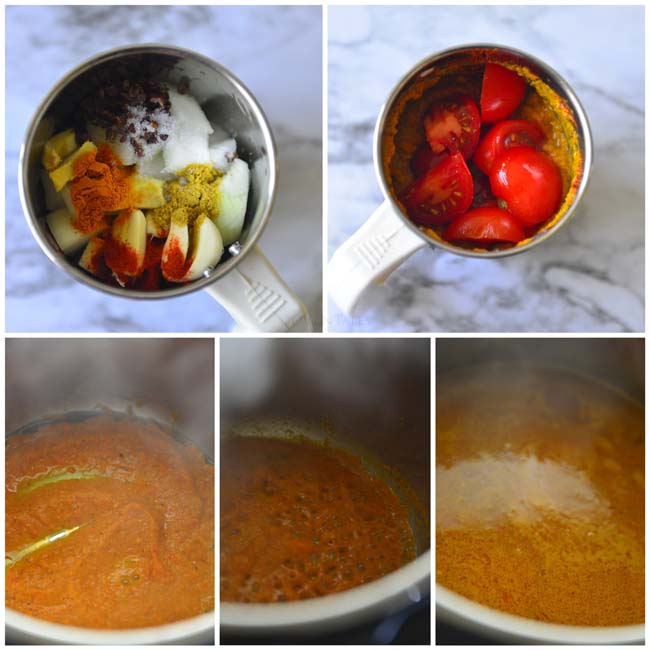 A collage showing the steps to making the paste for chicken thupka and the soup base from it. 