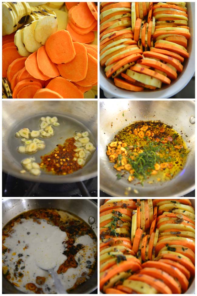 Collage of pictures describing steps in making Savory Sweet Potato Casserole 