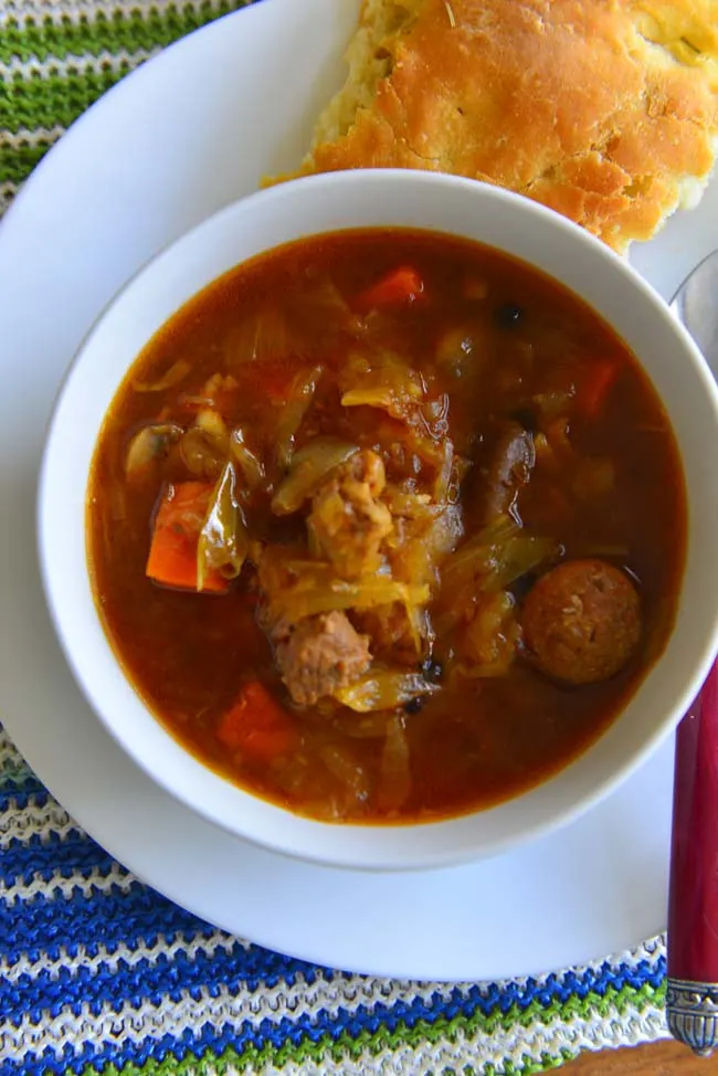 A bowl of Bigos - the delicious hunter's stew from Poland, made with assorted meats and sauerkraut