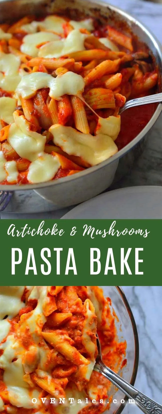 A meatless but  filling  baked  pasta  loaded  with  artichoke  and  mushrooms