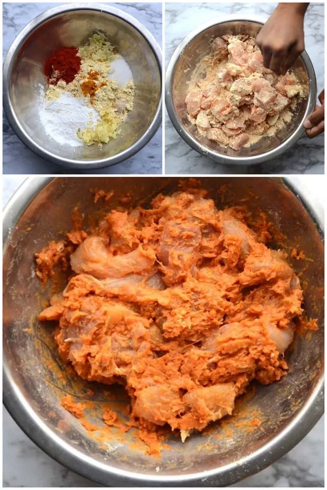 Making Boneless Fried chichen bites - chicken pakora