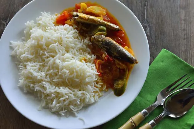Sardine and potato curry served with white rice