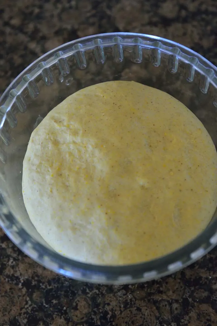 Bowl with risen dough, after bulk fermentation