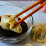 A plate of momos and bowl of sauce. One momo is being dipped in the sauce