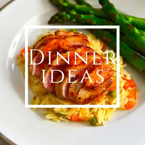 Dinner ideas written on a plate filled with food