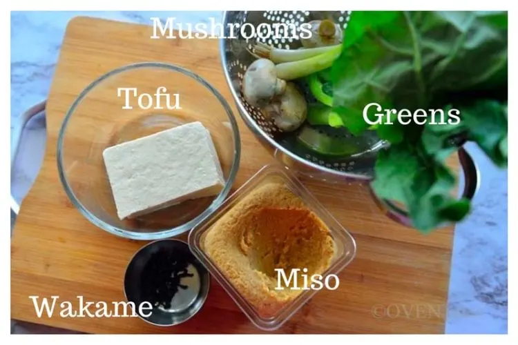 Ingredients for Miso soup Miso, wakame, tofu, mushrooms, greens all labelled
