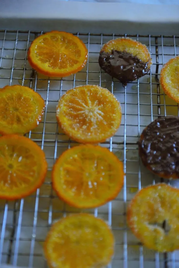 Candied orange slices some dipped in sugar and others dipped in chocolate resting on a cooling rack.