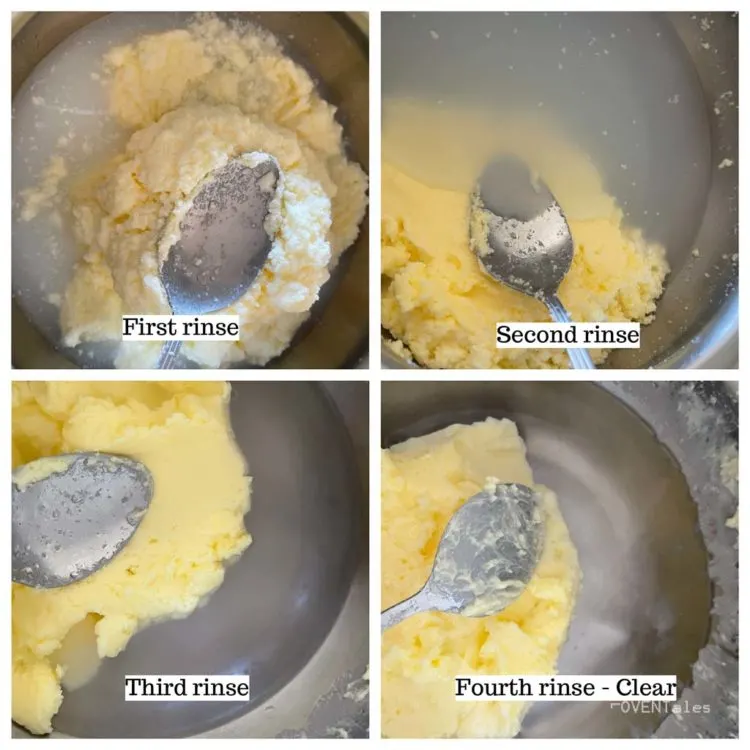 Collage showing the rinsing butter as the liquid turns from white to clear.