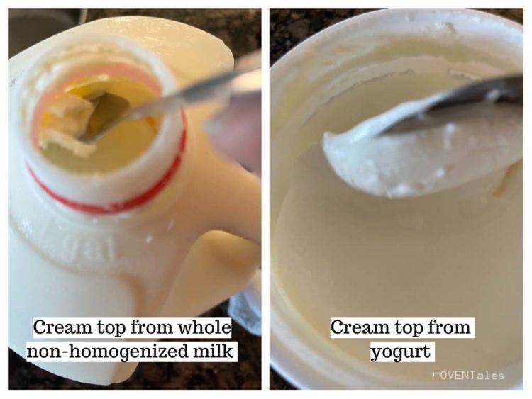 Scooping cream from cream top milk and yogurt with caption.