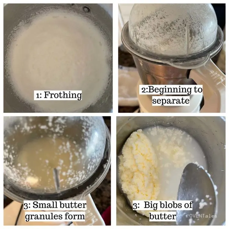 Steps indicating transformation of cream as it is shaken or churned.